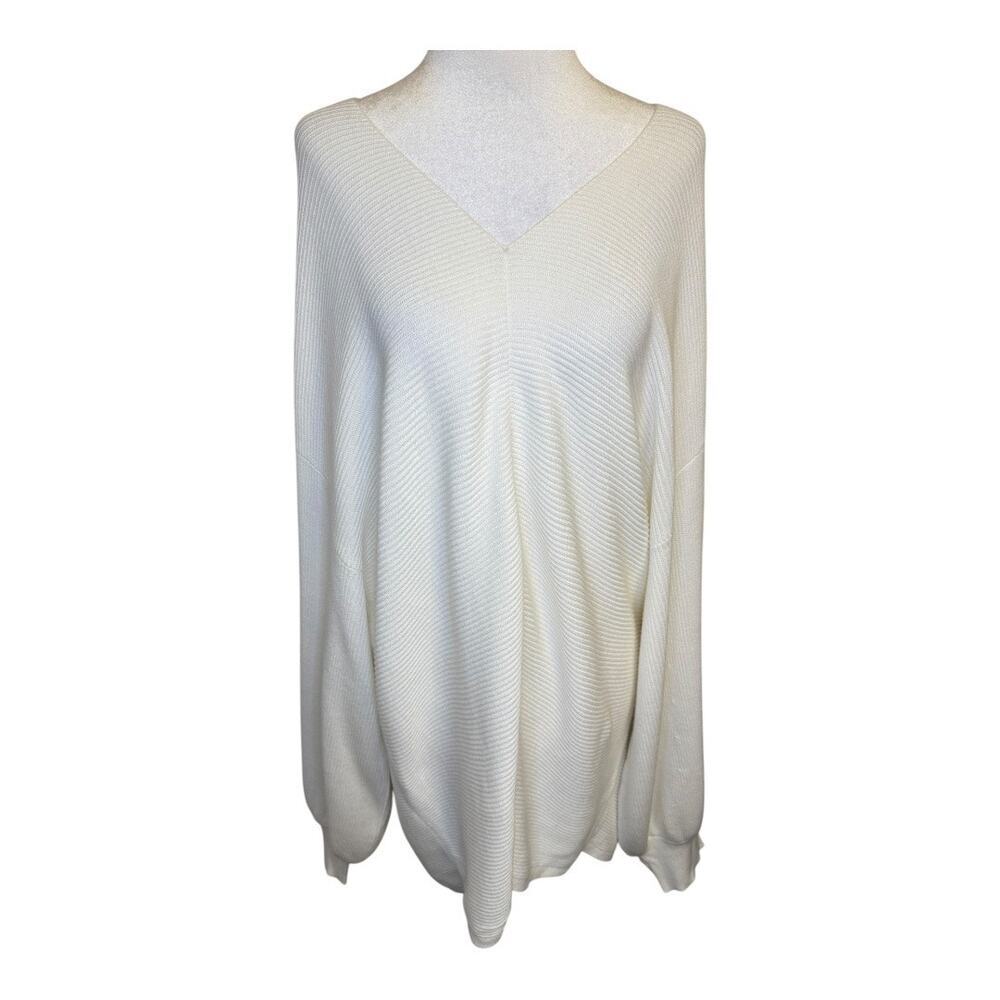 1.STATE Women's‎ XL White Ribbed Balloon Sleeve Pullover V-Neck Sweater NWOT